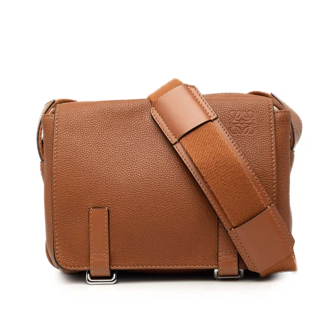 Brown LOEWE Soft Grained Calfskin Military Messenger Bag XS in Brown Caviar leather from Designer Revival