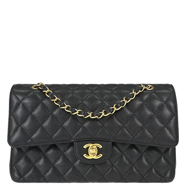 Chanel 2019 Black Caviar Skin Medium Classic Double Flap Shoulder Bag in Black Caviar leather from AMORE Vintage Tokyo