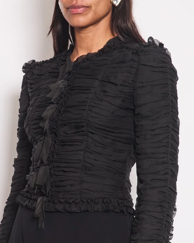 Chanel 06A Black Ruched Long Sleeve Silk Blouse with Bows Detail FR 38 (UK 10) in Black Silk from Sellier