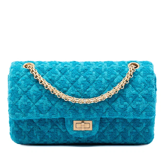 Blue Chanel Quilted Tweed Reissue 2.55 Double Flap 225 Shoulder Bag in Blue Tweed from Designer Revival