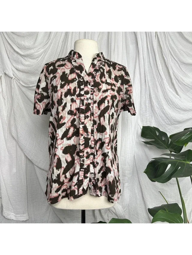 Boho Indie Fred David Pink And Brown Leopard Print Button Up Ruffled Shirt in red|brown from Poshmark