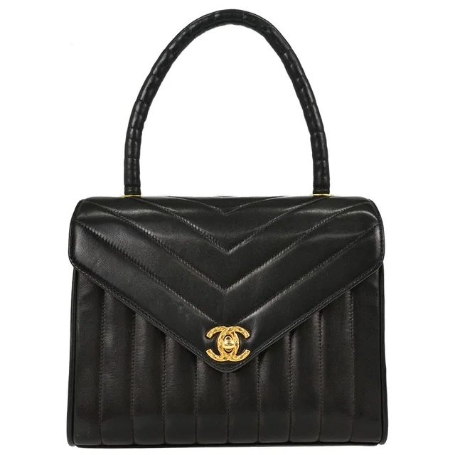 Chanel 1991-1994 Black Lambskin Chevron Top Handle Handbag in Black Lambskin from AMORE Vintage Tokyo