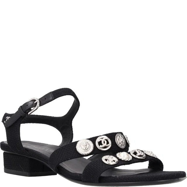 Chanel Button Embellished Fabric Sandals in Canvas from HEWI