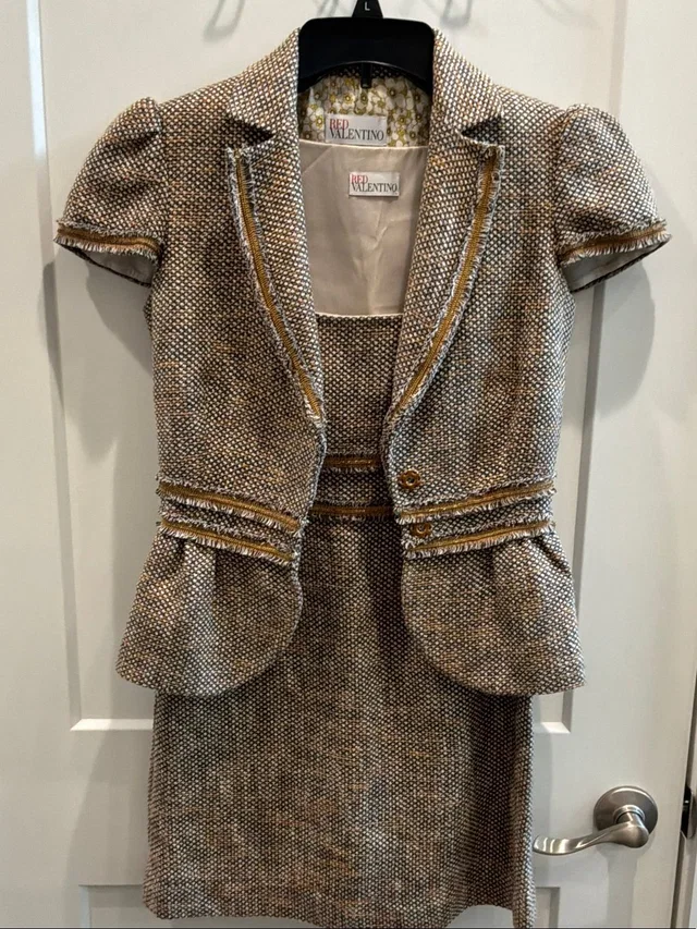 REDValentino 38 Beige Gold Tweed Peplum Jacket Sheath Dress Italy Classic Set in neutral|gold|brown Tweed from Poshmark