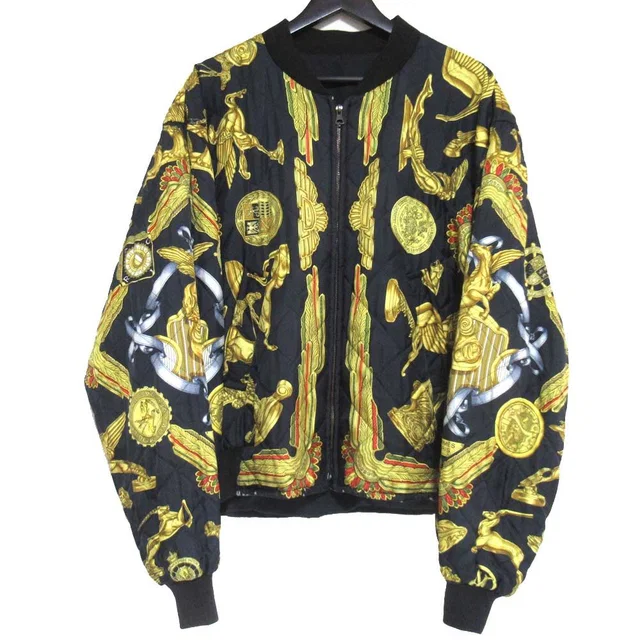 Hermès Twill Scarf Pattern Reversible Zip Up Padded Bomber Jacket 54 Black in Black Silk from The Reluxe