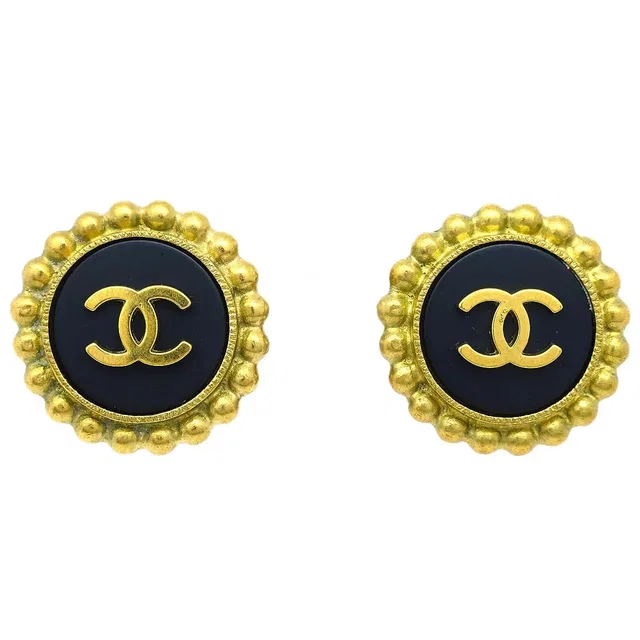 Chanel Button Earrings Clip-On Black 95P in Black from AMORE Vintage Tokyo
