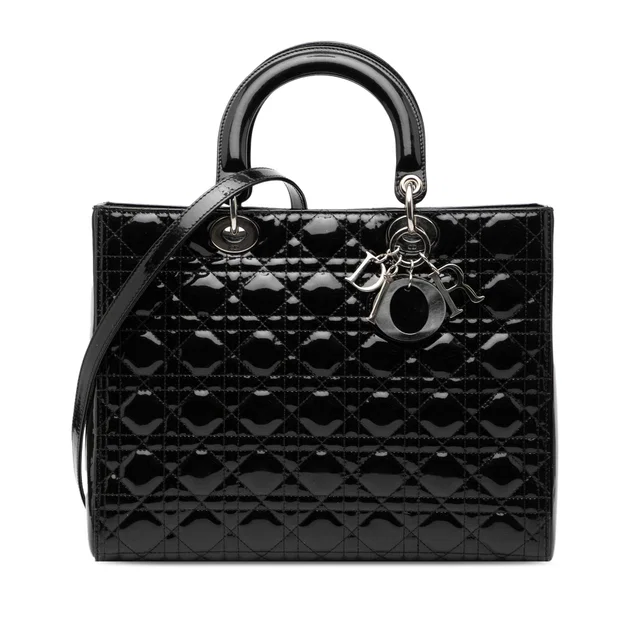 Black Dior Large Patent Cannage Lady Dior Satchel in Black Patent leather from Designer Revival