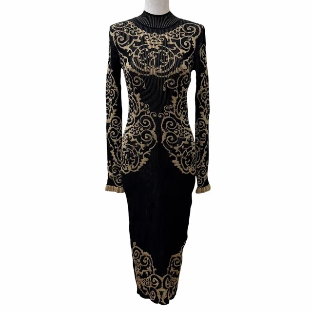 Fendi Baroque Pattern Ruffles Cuffs High Neck Long Length Knit Dress Black in Black Silk from The Reluxe
