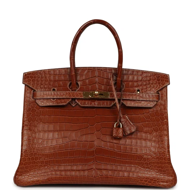 Hermès Birkin 35 Gold Matte Barenia Porosus Crocodile Gold Hardware in Gold Crocodile from Madison Avenue Couture