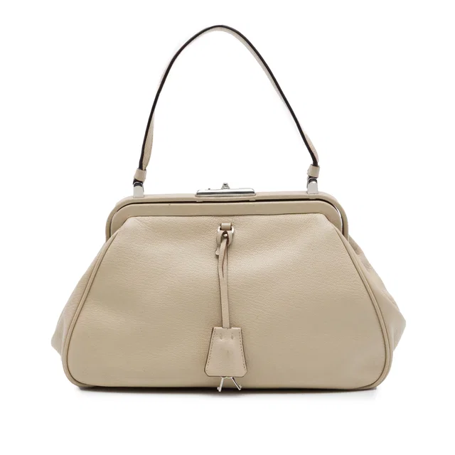 Beige Prada Goatskin Madras Cerniera Frame Handbag in Beige Goatskin from Designer Revival