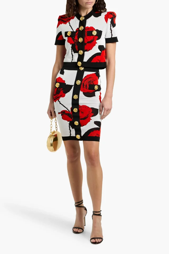 Balmain Floral Jacquard-Knit Mini Skirt in Red, photo 2 of 4 from THE OUTNET