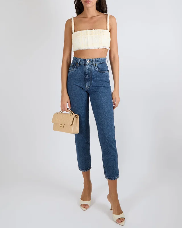Miu Miu Icons Dark Blue Denim Straight-Leg Brigitte High-Waisted Jeans with Silver Logo Button and… in Blue Denim from Sellier
