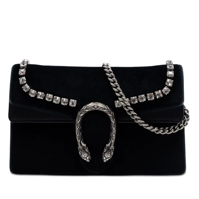 Black Gucci Mini Crystal Embellished Velvet Dionysus Crossbody in Black Velvet from Designer Revival