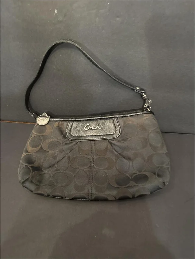 Coach Signature C Black Wristlet Small Purse Zip Top Leather Trim 9.5” W By 5. ” in neutral|brown|silver|gray|black Leather from Poshmark