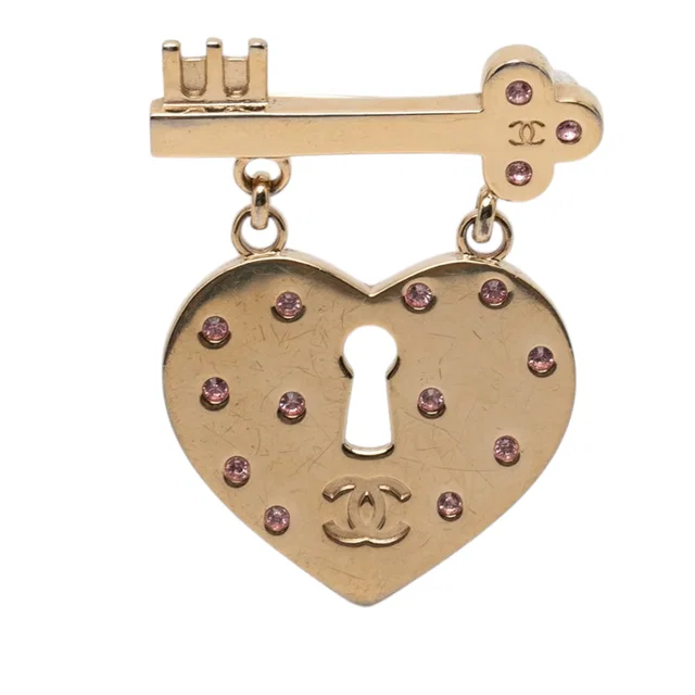 Gold Chanel CC Gold Plated Heart Lock and Key Brooch Pin in Gold from Designer Revival