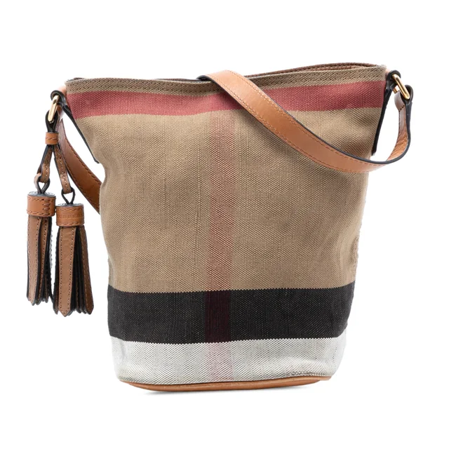 Brown Burberry Mini Mega Check Canvas Ashby Tassel Bucket Bag in Brown Canvas from Designer Revival