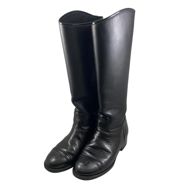 Chanel Long Boots Leather CC Logo Black in Black Leather from The Reluxe