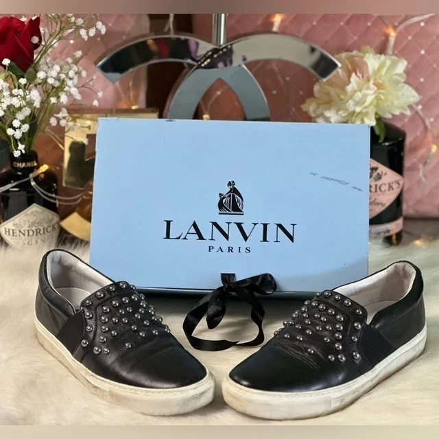 Lanvin Black Studded Calf Leather Slip On Sneakers Eu 37 Us 7 in silver|black|gray Calfskin from Poshmark