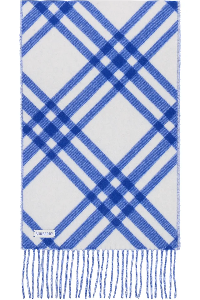 Burberry Blue & White Check Cashmere Scarf, photo 2 of 3 from SSENSE