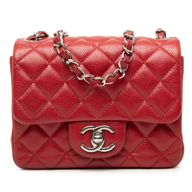 Red Chanel Mini Square Classic Caviar Single Flap Crossbody Bag in Red Caviar leather from Designer Revival