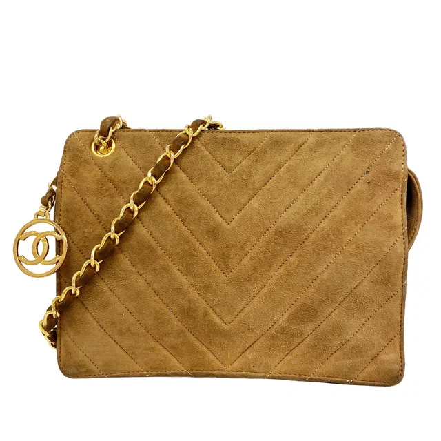 Chanel Shoulder Bag V-stitch Suede Brown Gold in Brown Suede from The Reluxe