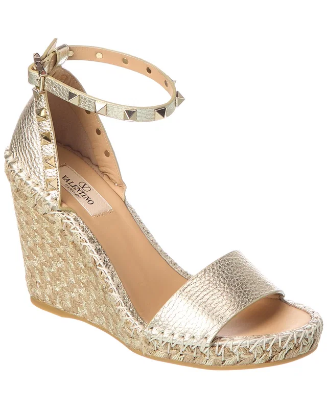 Valentino Rockstud 100 Grainy Leather Wedge Sandal, image 1 of 1 from Rue La La