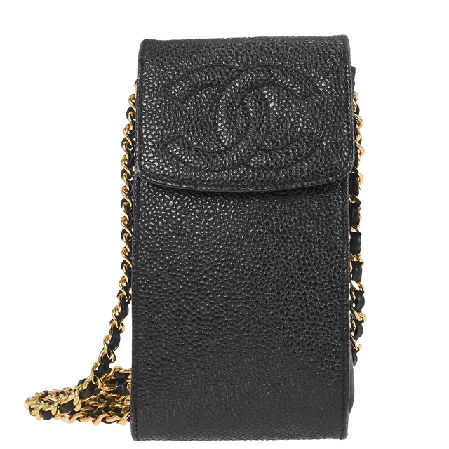 Chanel 1996-1997 Black Caviar Skin Chain Shoulder Bag Pochette Phone Case in Black Caviar leather from AMORE Vintage Tokyo