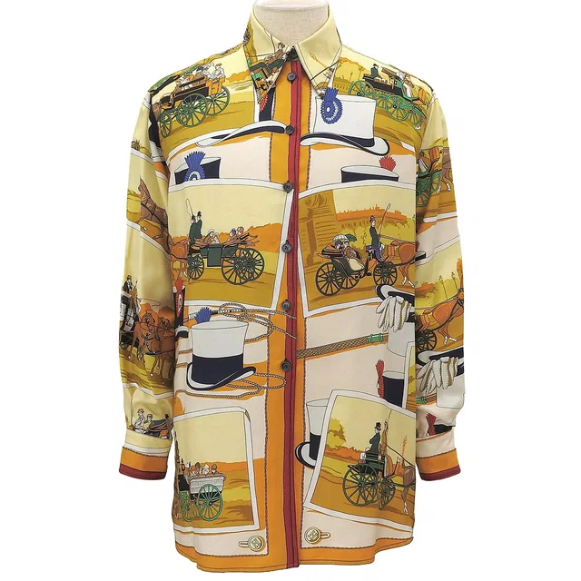 Hermès Silk Carriage Motif Long-Sleeved Shirt #42 Yellow/Multi in Yellow Silk from VINTAGE QOO TOKYO