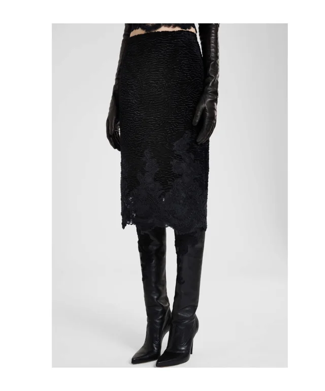 Ermanno Scervino Astrakhan-effect velvet midi pencil skirt with embroidered tulle details, photo 3 of 5 from SENSER