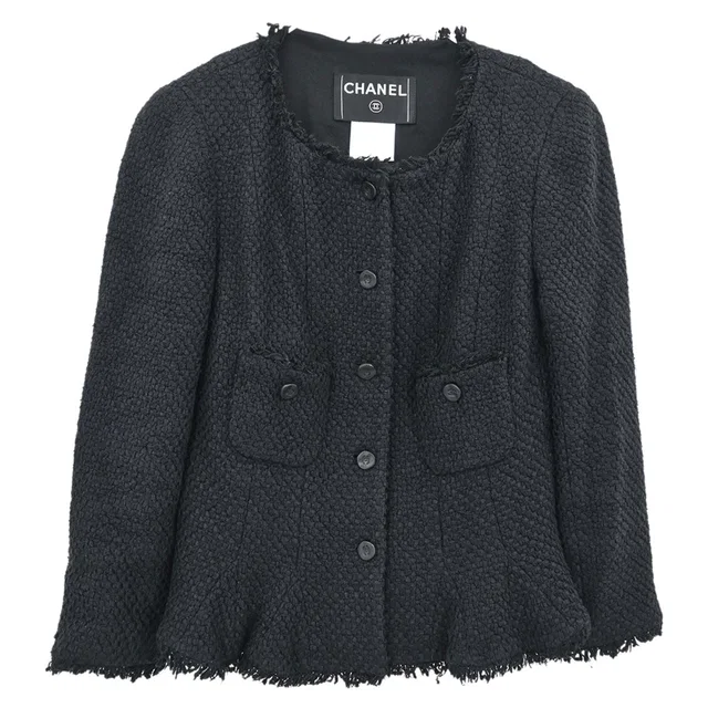 Chanel 2006 Collarless Tweed Jacket Black #34 in Black Tweed from AMORE Vintage Tokyo