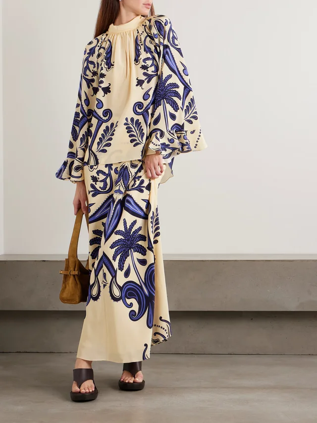 JOHANNA ORTIZ Rimto Sol tie-detailed cutout printed silk crepe de chine blouse in Beige, photo 2 of 2 from NET-A-PORTER (Canada)