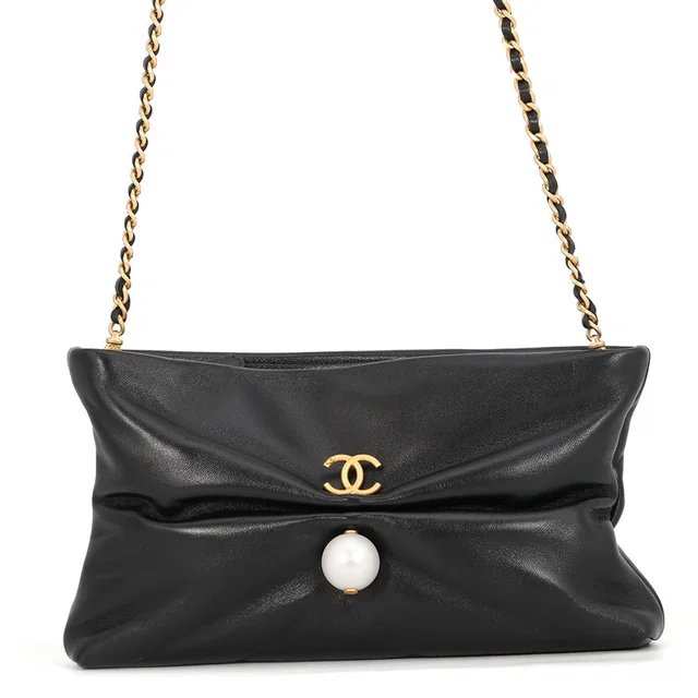 Chanel CC Logo Pearl ChainClutch Bag BlackAP4613 Shiny Lambskin in Lambskin from GALLERY RARE