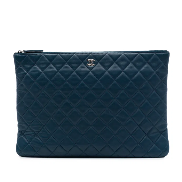 Blue Chanel Large Quilted Lambskin O Case Clutch in Blue Lambskin from Designer Revival