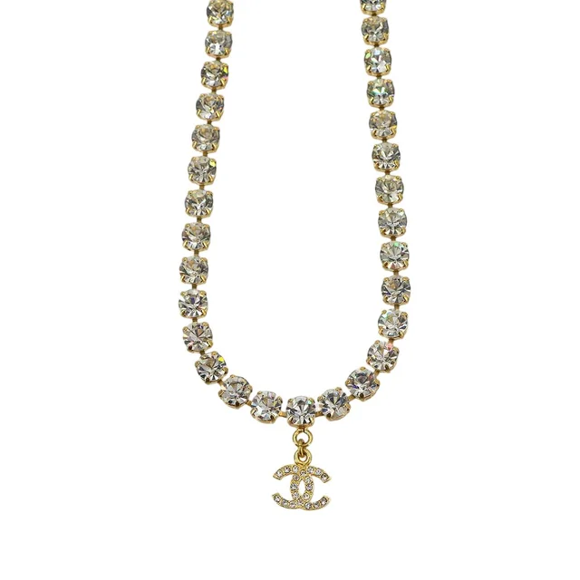 Chanel 96A CC Logo Rhinestone Necklace Gold Vintage in Gold from The Reluxe