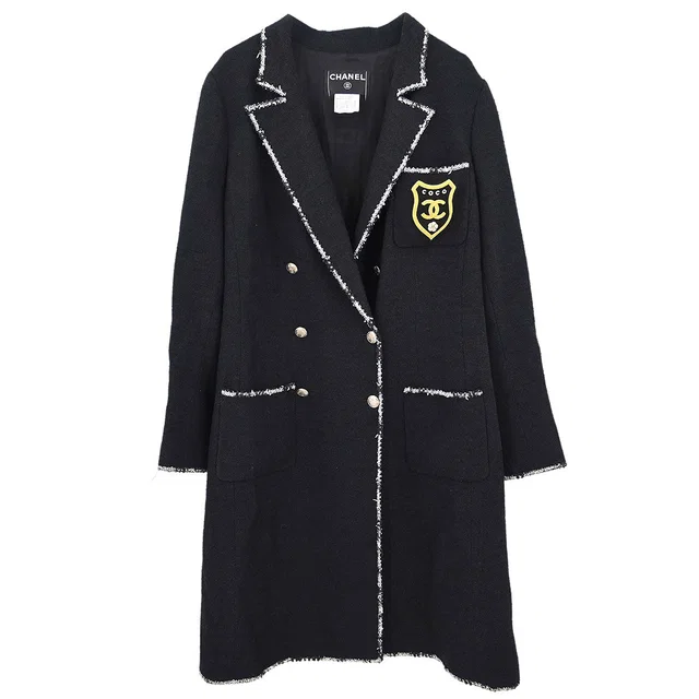 Chanel 2005 Emblem Double Breasted Long Jacket Black #48 in Black Nylon from AMORE Vintage Tokyo