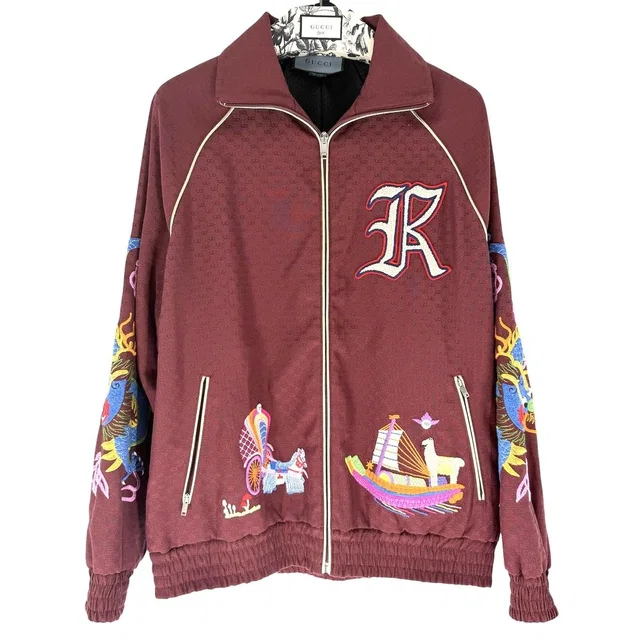 Gucci Varsity Jacket Dragon Wine Red Multicolor Silver Polyester Cotton S in Burgundy Wool from The Reluxe