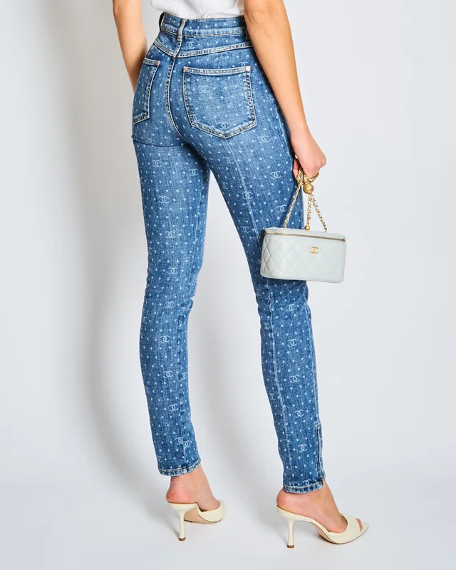 HOT* Chanel 23/P Blue Skinny Jeans with CC Logo and Polkadot Print with Silver CC Logo Button… in Blue from Sellier, photo 2 of 2