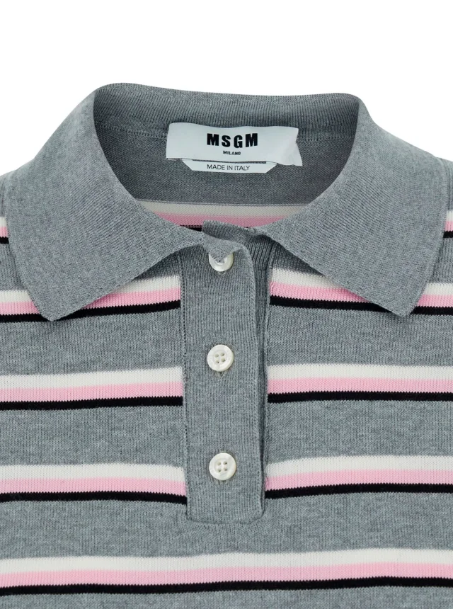 Msgm Grey Polo Shirt with Ribbed Details and All-Over Striped Motif in Cotton for Women in Grey 100% Cotton, photo 5 of 6 from Gaudenzi Boutique