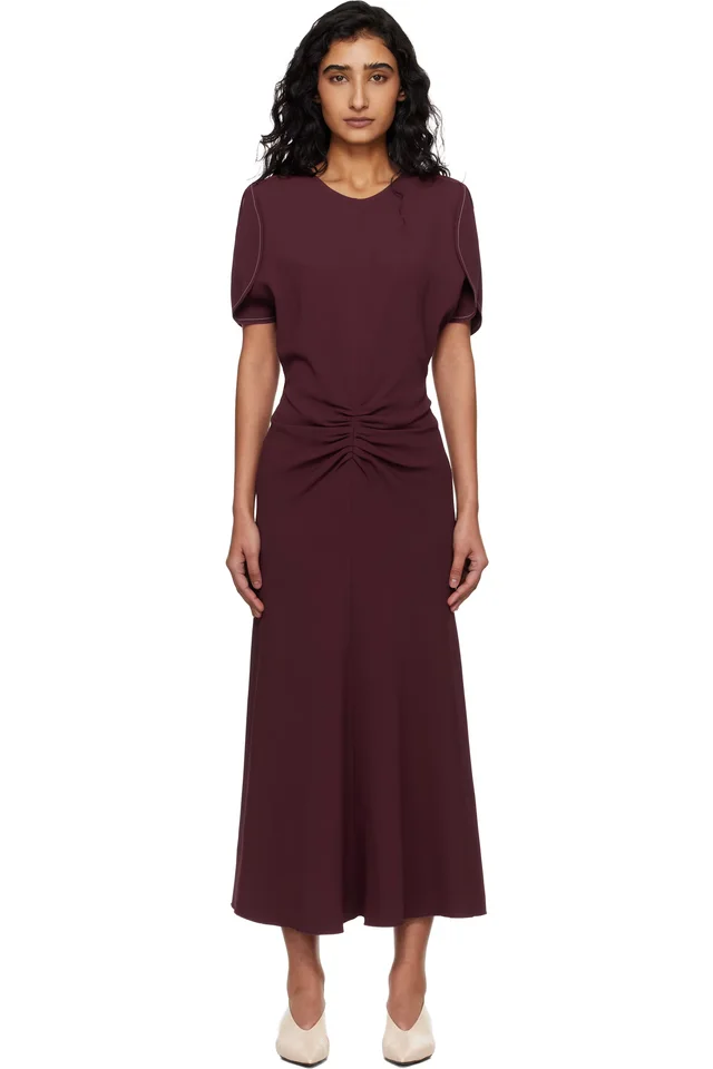 Victoria Beckham Burgundy Bela Midi Dress, image 1 of 1 from SSENSE