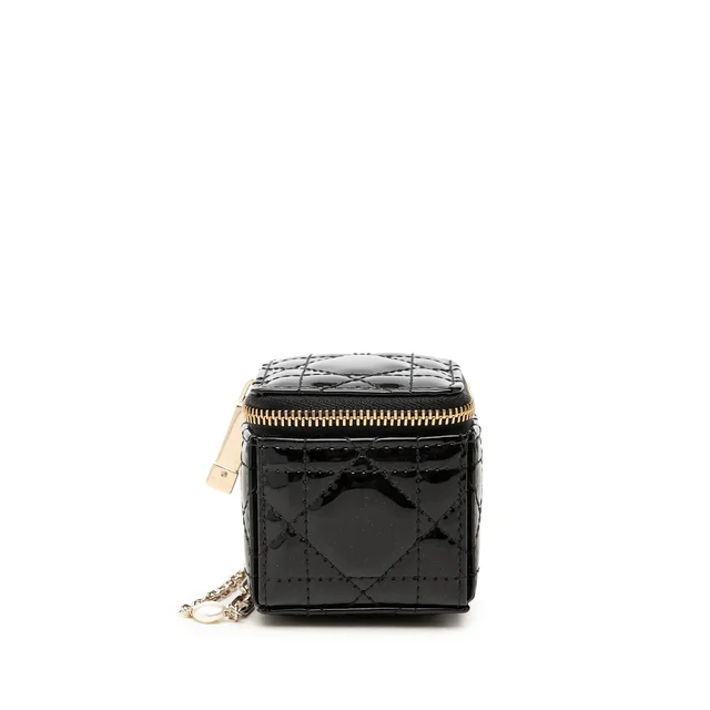 Black Dior Micro Patent Cannage Lady Dior Cube Pouch Clutch Bag in Black Patent leather from Designer Revival