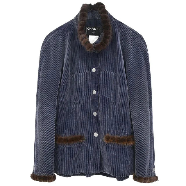 Chanel 2003 Single Breasted Corduroy Fur Jacket Navy #36 in Navy Cashmere from AMORE Vintage Tokyo