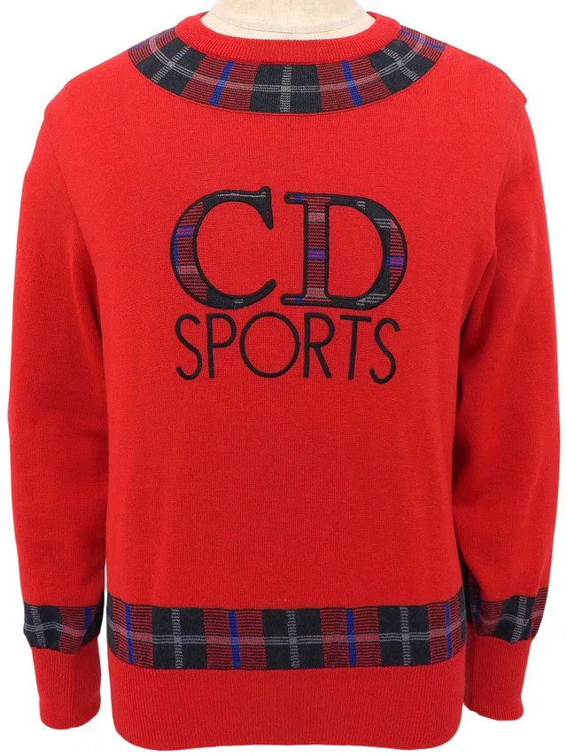 Dior Checked Design Logo Embroidered Sweater #L Red/Black in Black Wool from VINTAGE QOO TOKYO