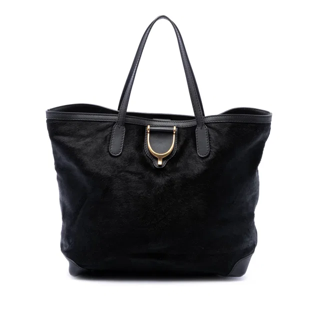 Black Gucci Pony Hair Stirrup Tote in Black Leather from Designer Revival