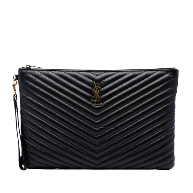 Black Saint Laurent Chevron Calfskin Cassandre Document Holder Clutch Bag in Black Calfskin from Designer Revival