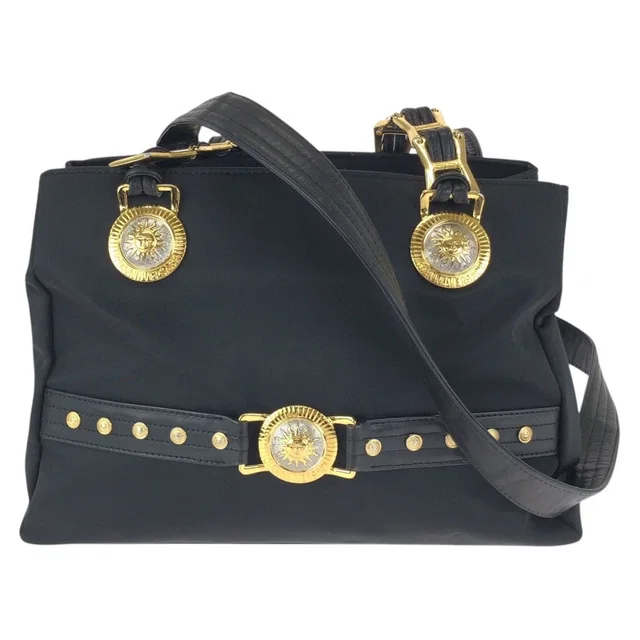 Versace Vintage Sunburst Black Gold Nylon Leather Shoulder Bag in Black Nylon from The Reluxe