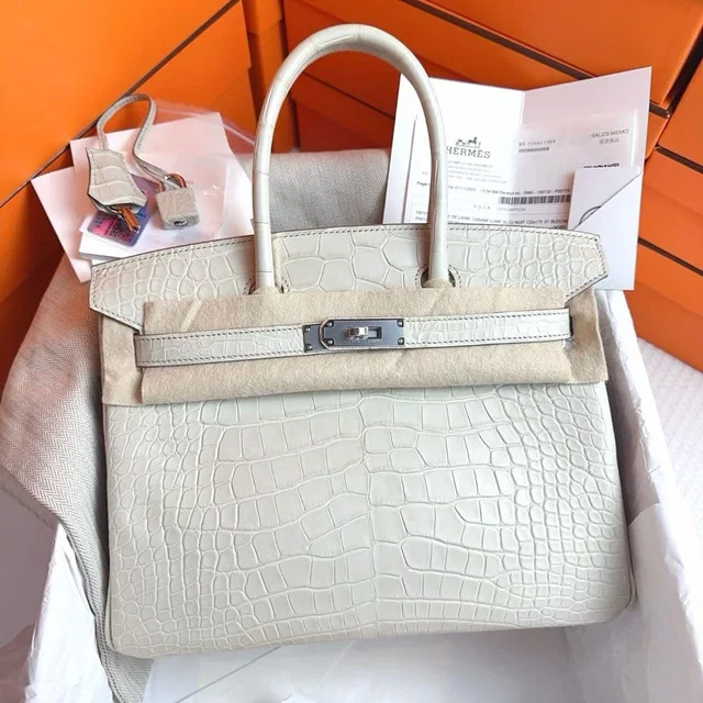 Hermès Birkin 30 8L Glacier White, Silver Hardware, Matte Alligator W Engraving in White Crocodile from Luxury Promise