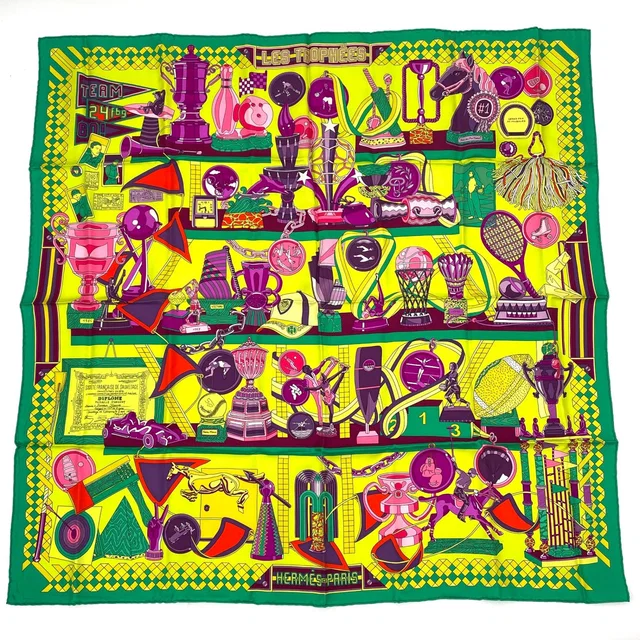Hermès Carre 90 Scarf Silk Les Trophees Trophy Green Yellow in Green Silk from The Reluxe