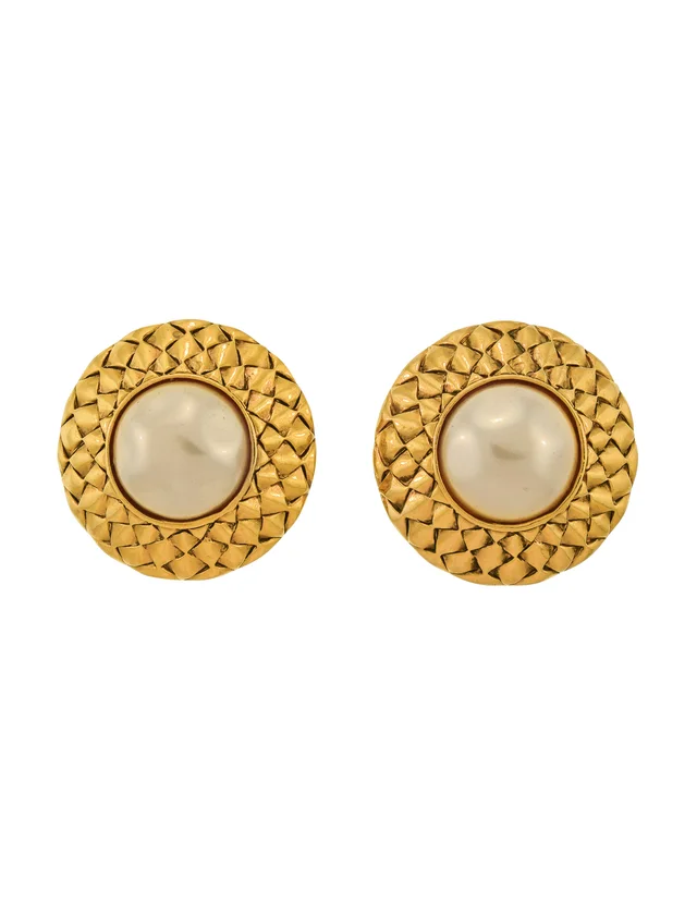 Chanel Vintage 1980s Large Golden Weave Frame Pearl Earrings from Amarcord Vintage Fashion