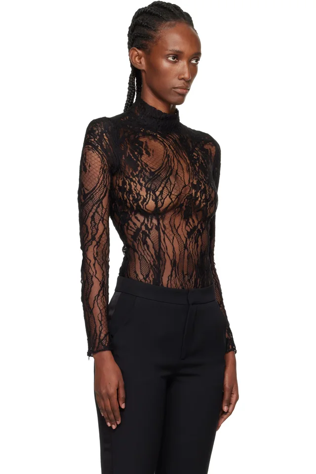 BALMAIN Black Long-Sleeved Lace Bodysuit, photo 2 of 5 from SSENSE