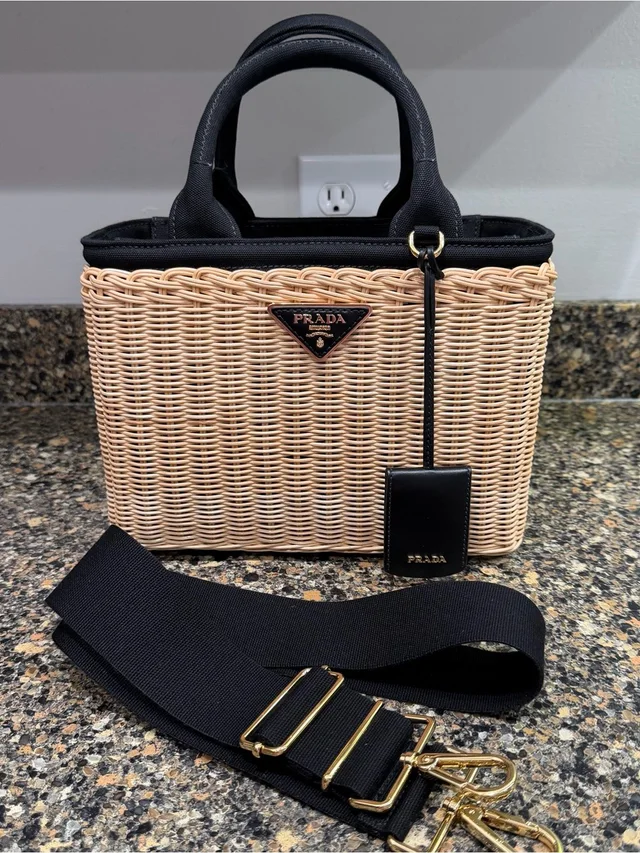Prada Beige Wicker Tote With Black Leather Trim And Strap in black|brown|neutral Raffia from Poshmark, photo 1 of 1